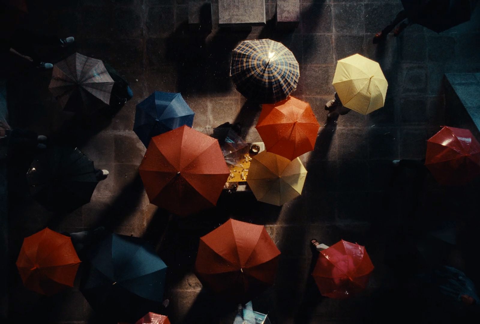 a group of people holding umbrellas in the dark