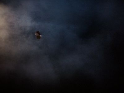 a bird flying through a cloudy sky at night