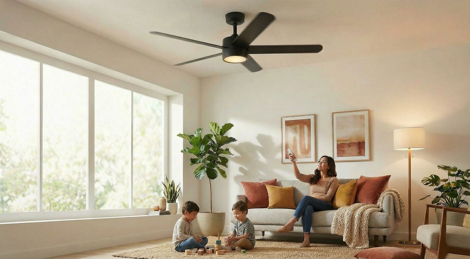 a woman and two children sitting on a couch in a living room
