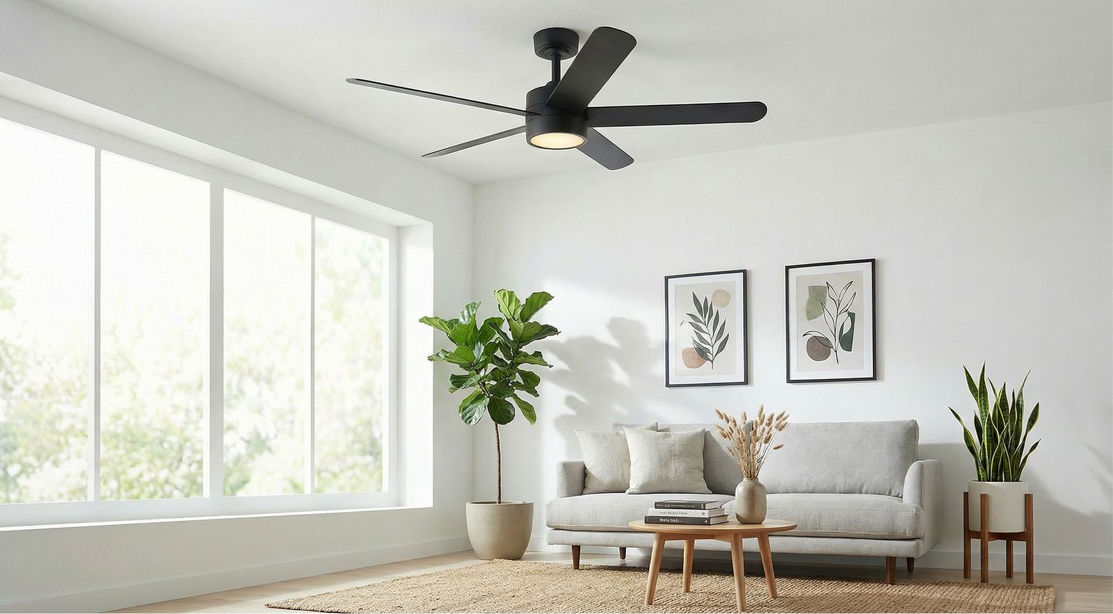 a living room with a couch and a ceiling fan