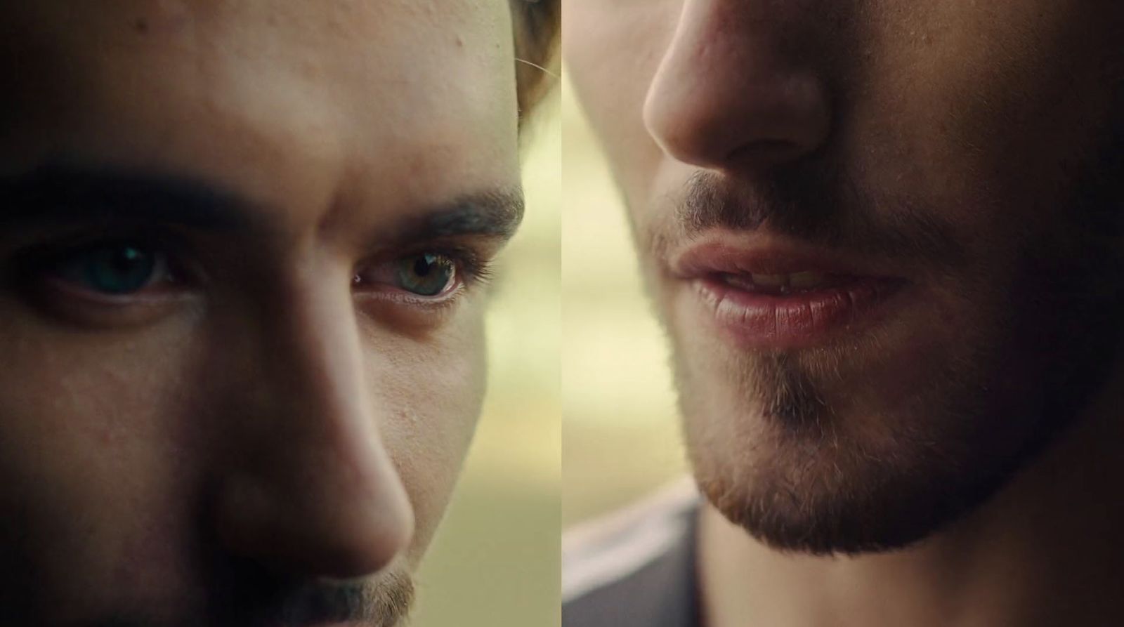 a close up of a man's face next to another man's face