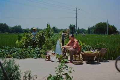 a woman sitting on a bench in a field