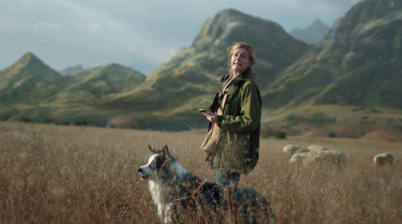 a woman standing in a field with a dog