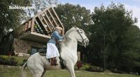 a woman riding on the back of a white horse