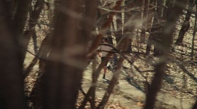 a person riding a bike through a forest