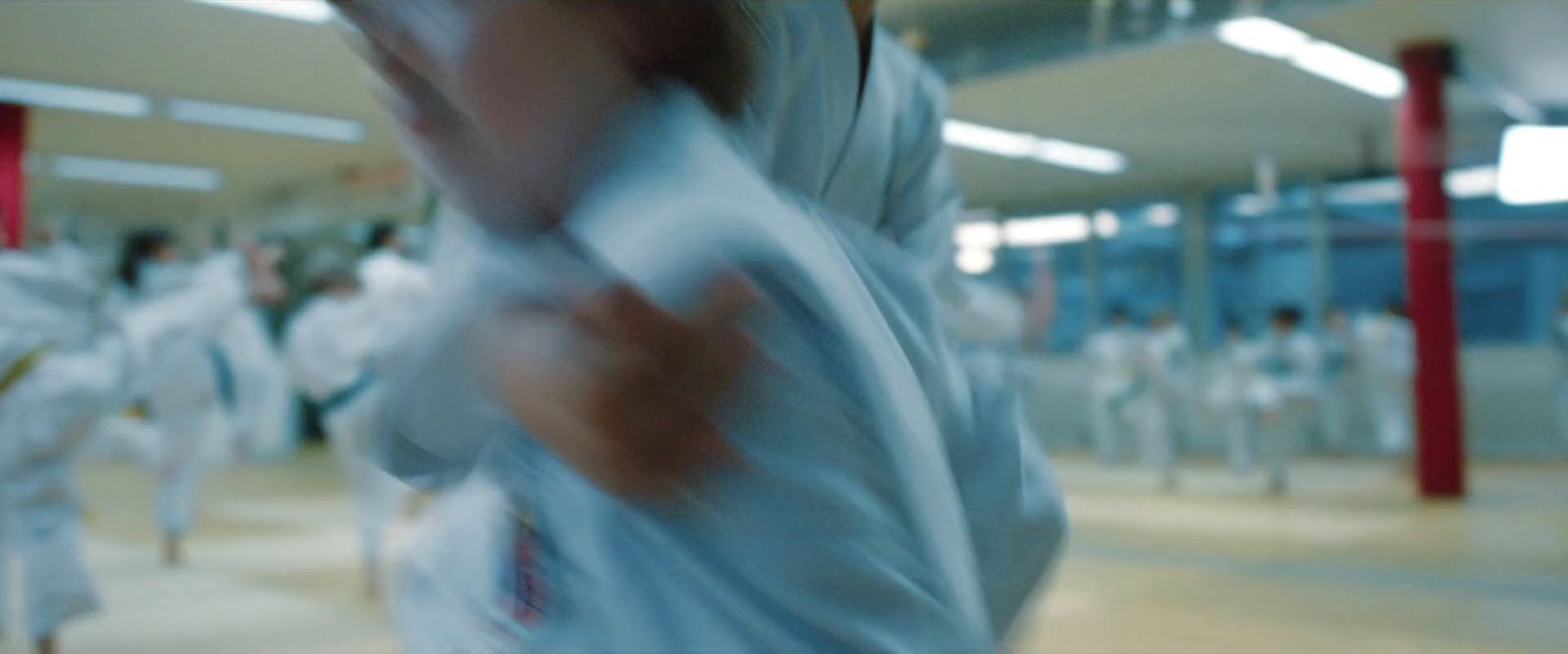 a blurry photo of a group of people practicing karate