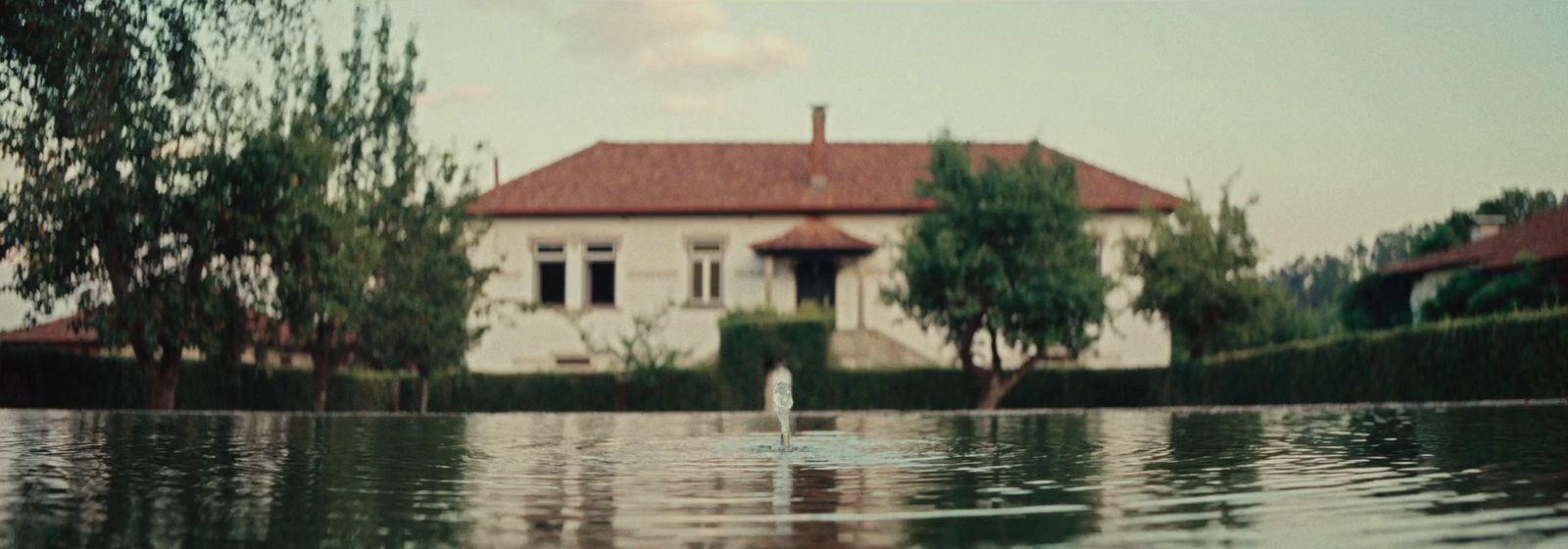 a house sitting on top of a lake next to a lush green forest