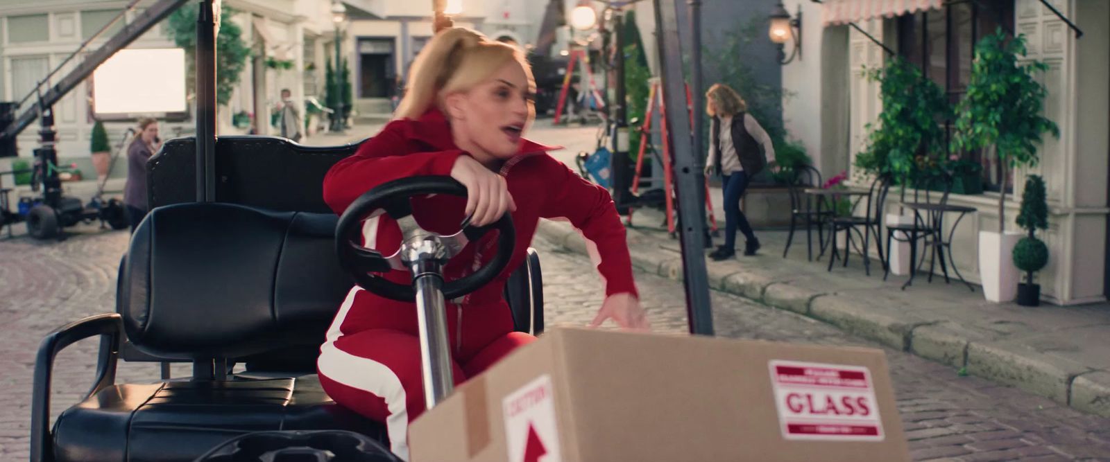 a woman in a wheel chair pulling a cart