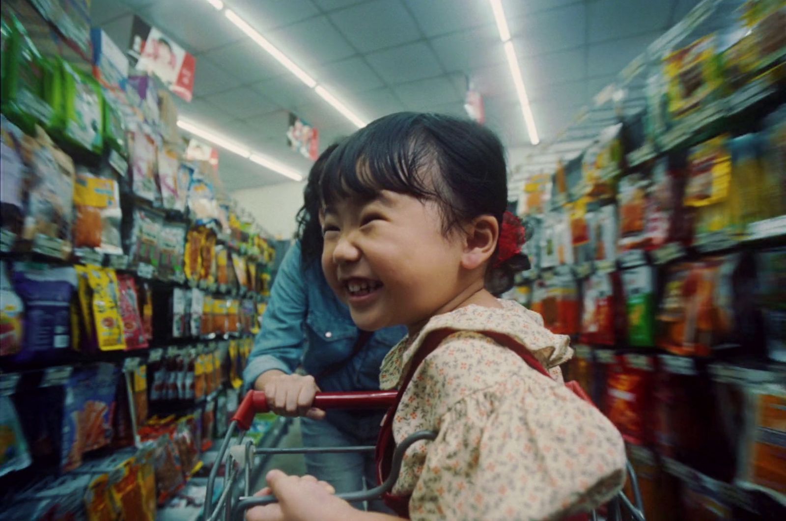 a little girl pushing a shopping cart in a store