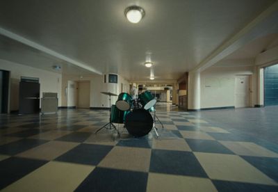 a room with a black and white checkered floor