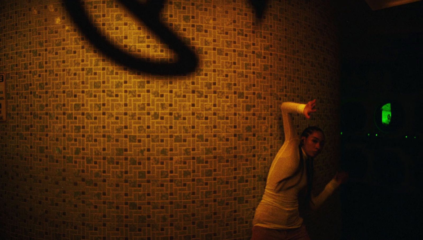 a woman standing in front of a wall with a shadow on it