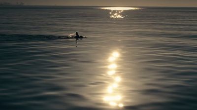 a person swimming in the ocean at sunset