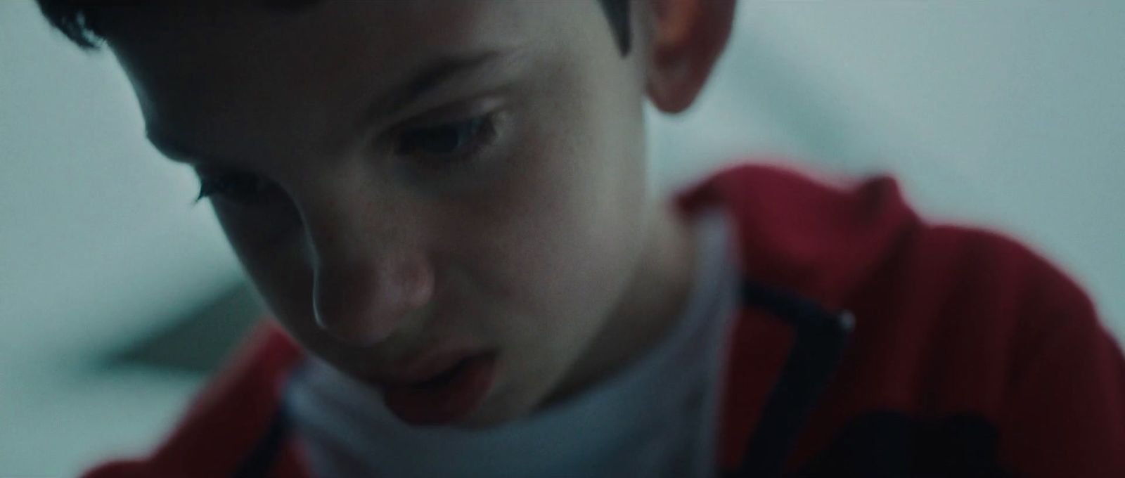 a close up of a person wearing a red jacket