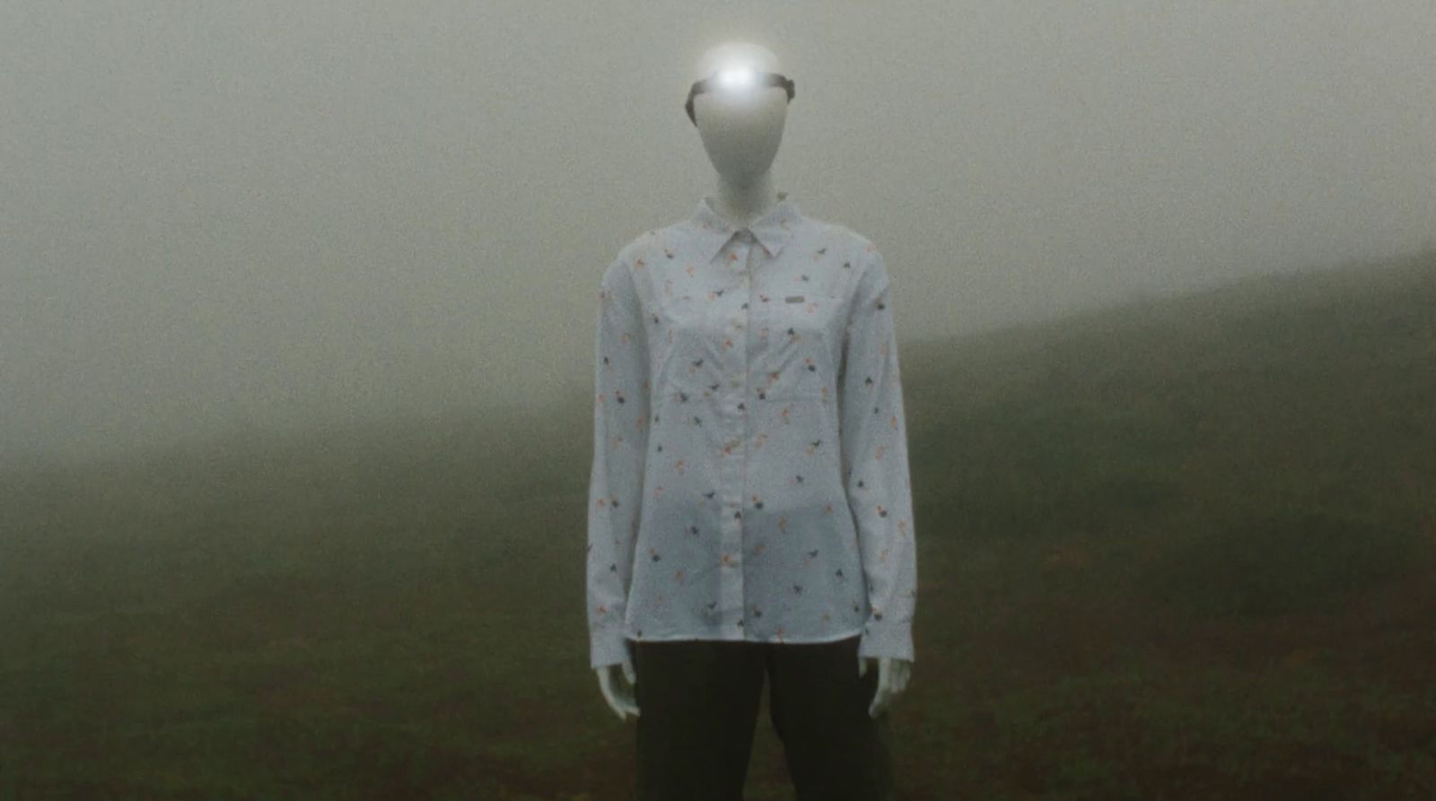 a mannequin is standing in a foggy field