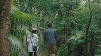 a man and a woman walking through a forest