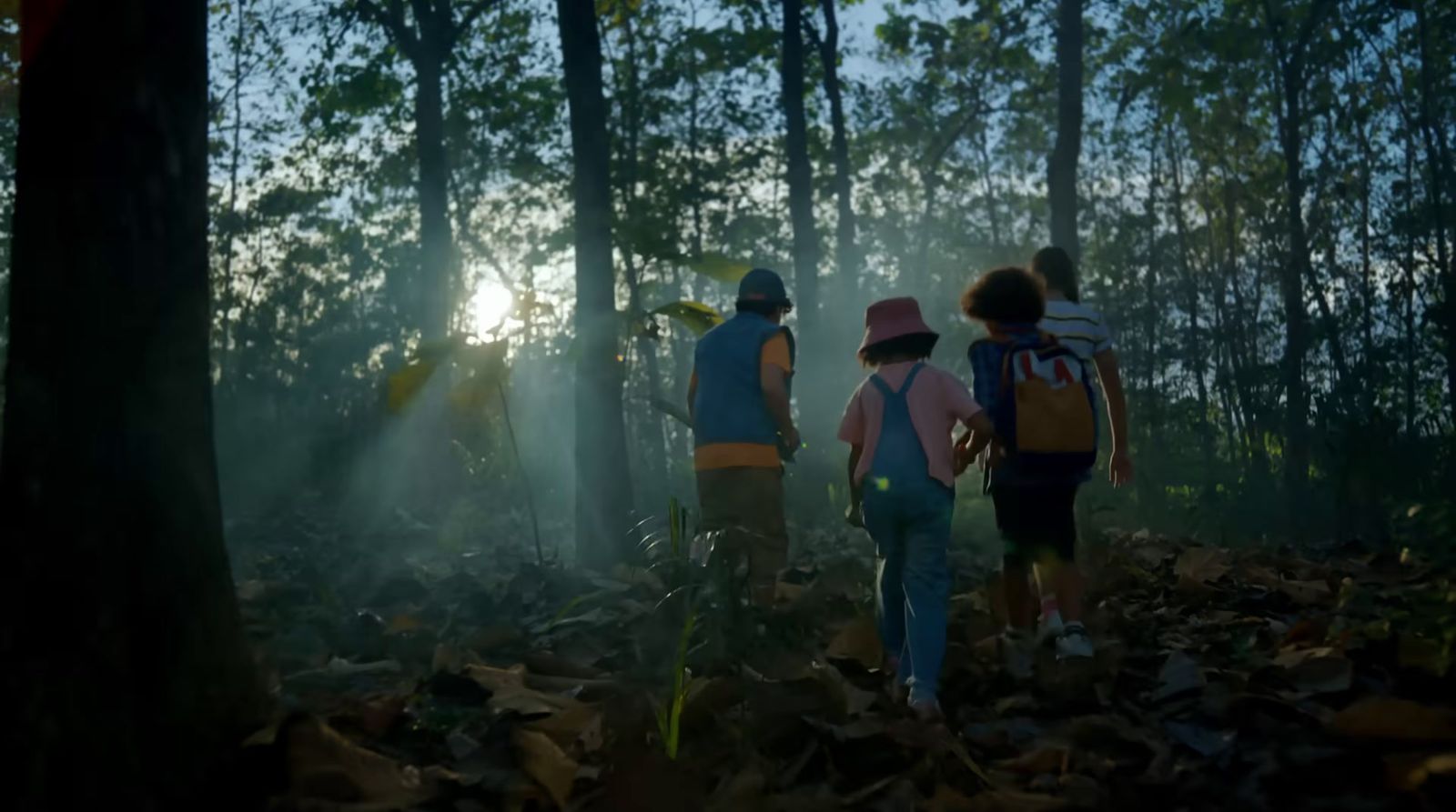 a group of people walking through a forest