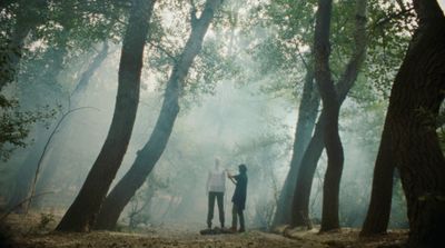 a couple of people standing in the middle of a forest