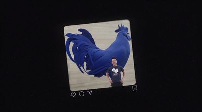 a man standing in front of a picture of a blue rooster