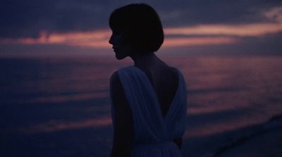 a woman standing on a beach at sunset