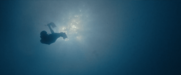 a person in the water with a surfboard