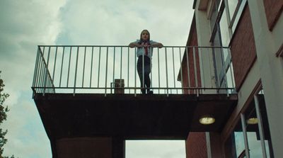 a person standing on a balcony with a dog