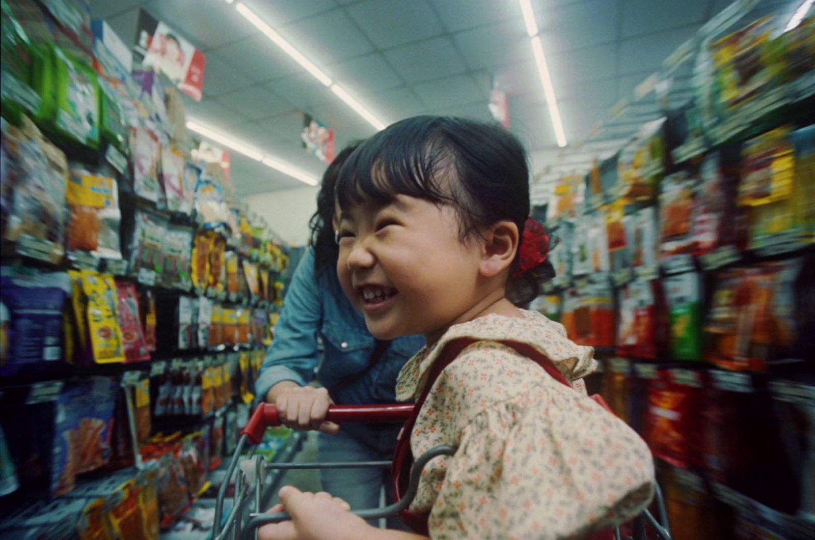 a little girl pushing a shopping cart through a store