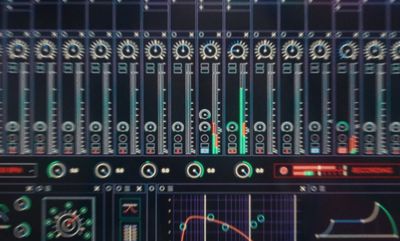 a sound board with a lot of different knobs