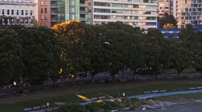 a view of a park with trees and buildings in the background