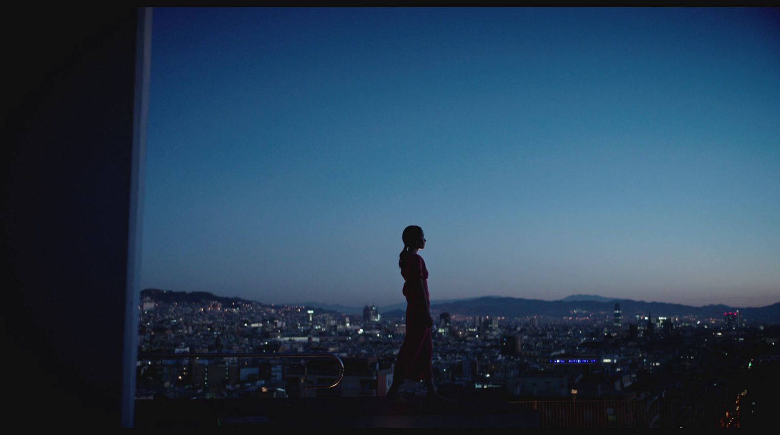 a person standing in front of a window overlooking a city