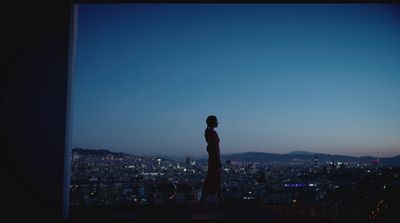 a person standing in front of a window overlooking a city