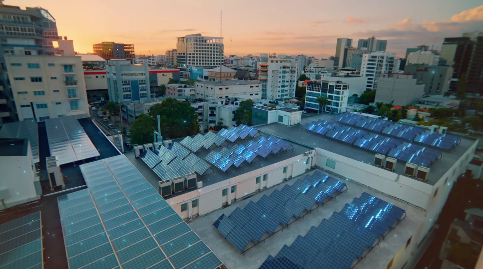 a city with a lot of solar panels on the roof