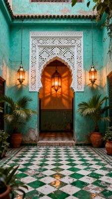 a green and white tiled courtyard with potted plants