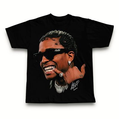 a black shirt with a picture of a man wearing sunglasses