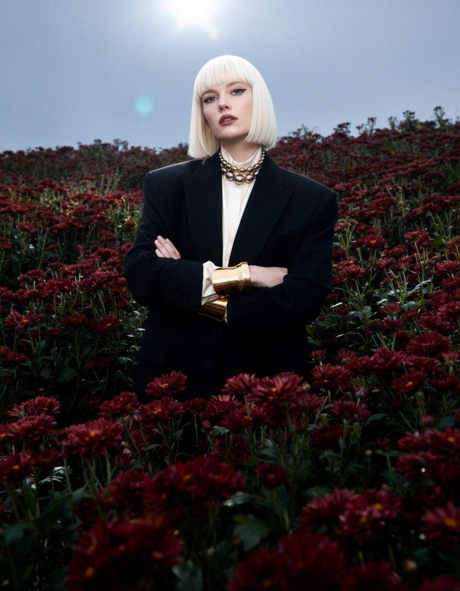 a woman standing in a field of flowers