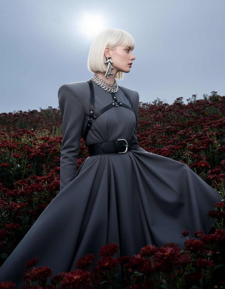 a woman in a gray dress standing in a field of flowers
