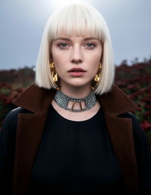 a woman with blonde hair wearing a brown jacket