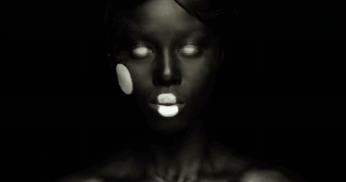 a woman with glowing eyes and black skin