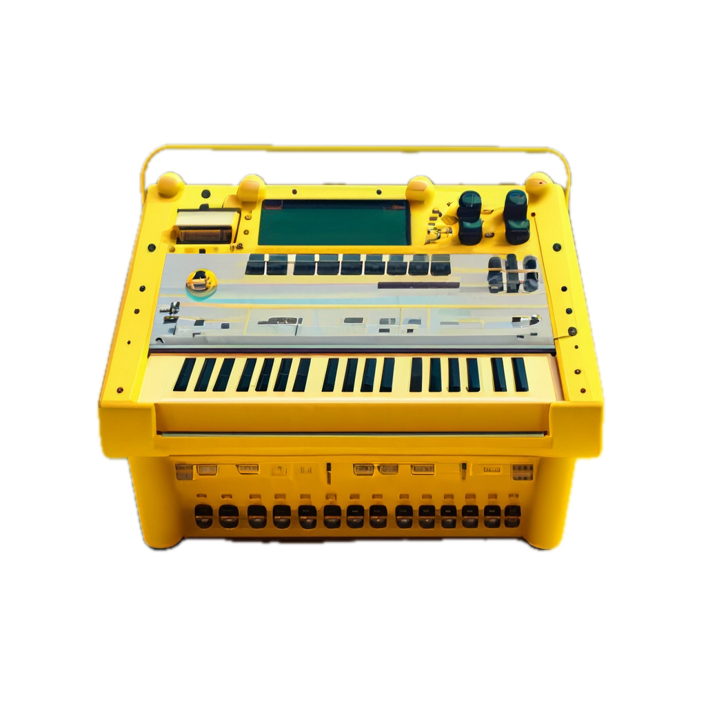 a yellow electronic device with a keyboard on top of it