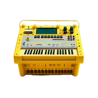 a yellow electronic device with a keyboard on top of it