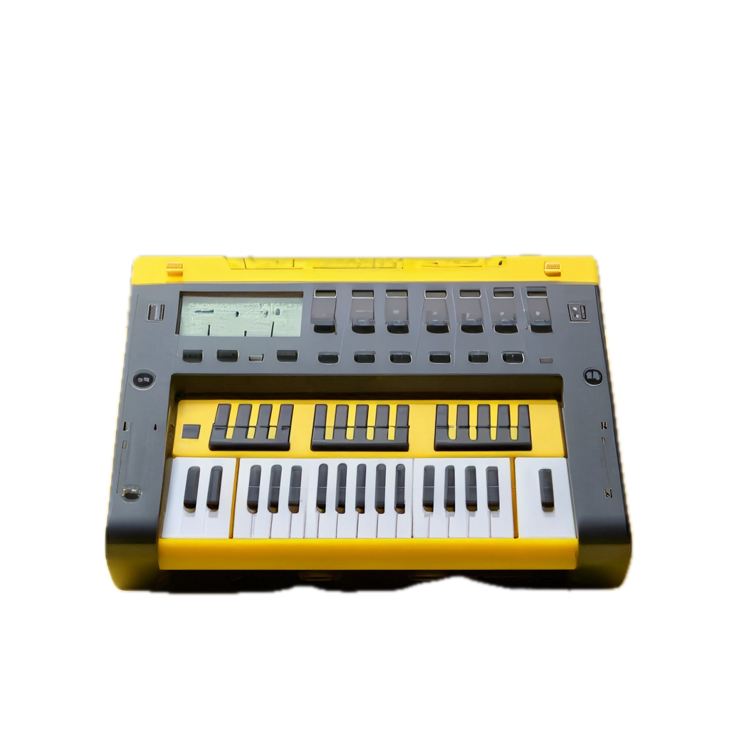 a yellow and black electronic keyboard on a black background