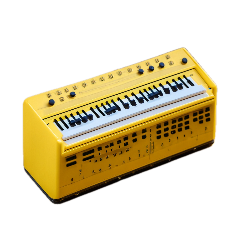 a yellow musical instrument sitting on top of a black background