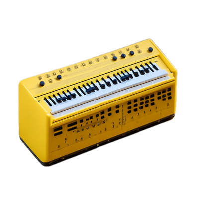 a yellow musical instrument sitting on top of a black background