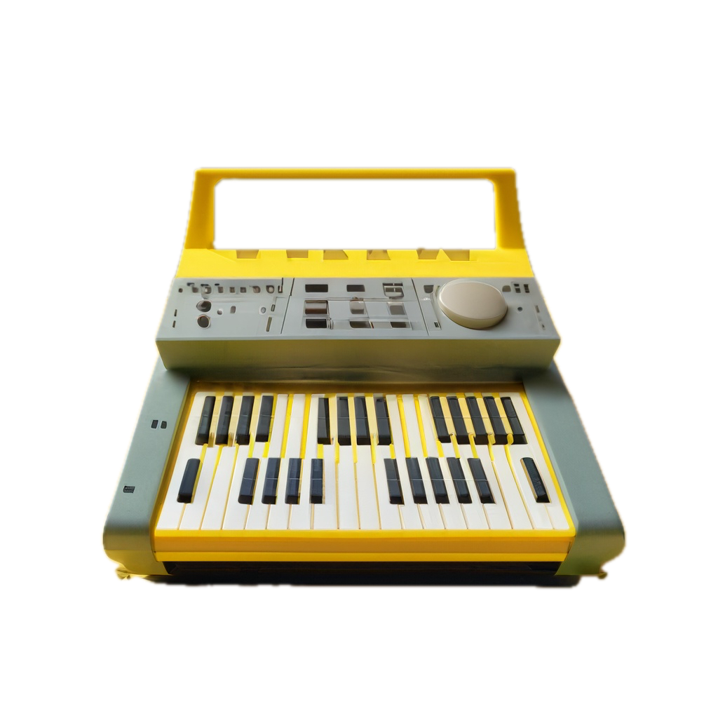 a yellow and gray electronic keyboard sitting on top of a table