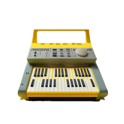 a yellow and gray electronic keyboard sitting on top of a table