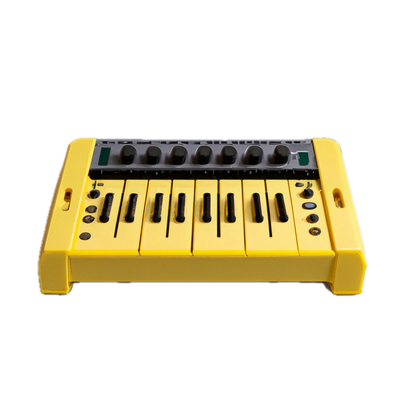 a yellow musical keyboard with black keys