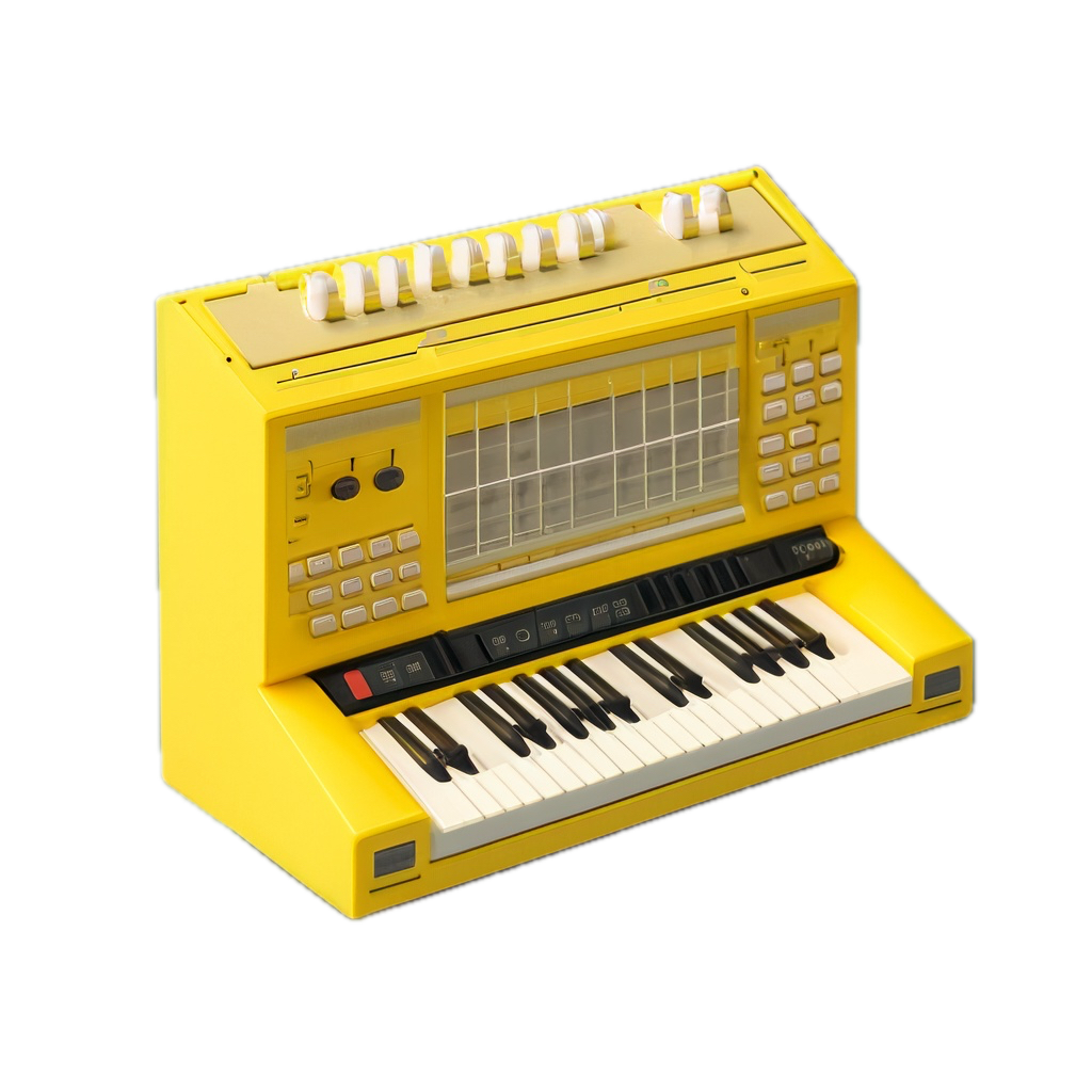 a yellow electronic device with a keyboard on it