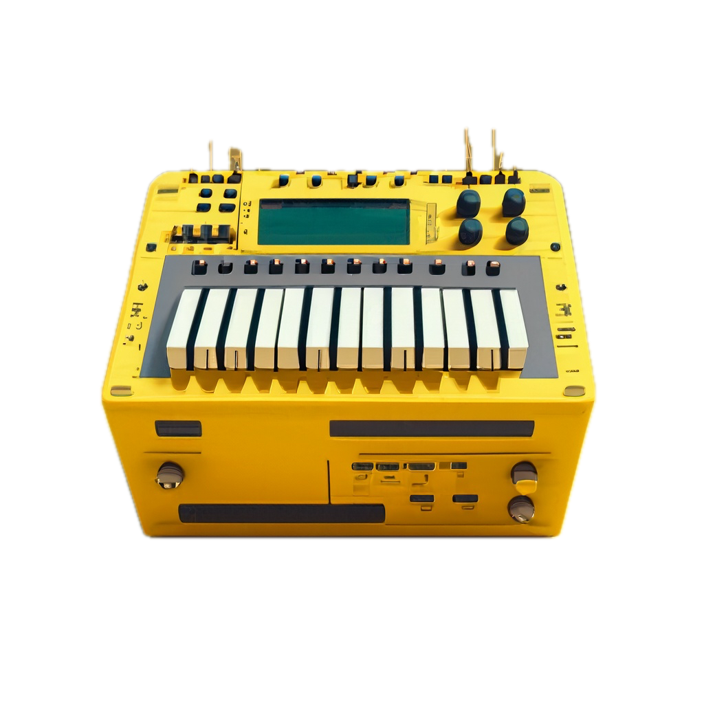 a yellow electronic device with a keyboard on top of it