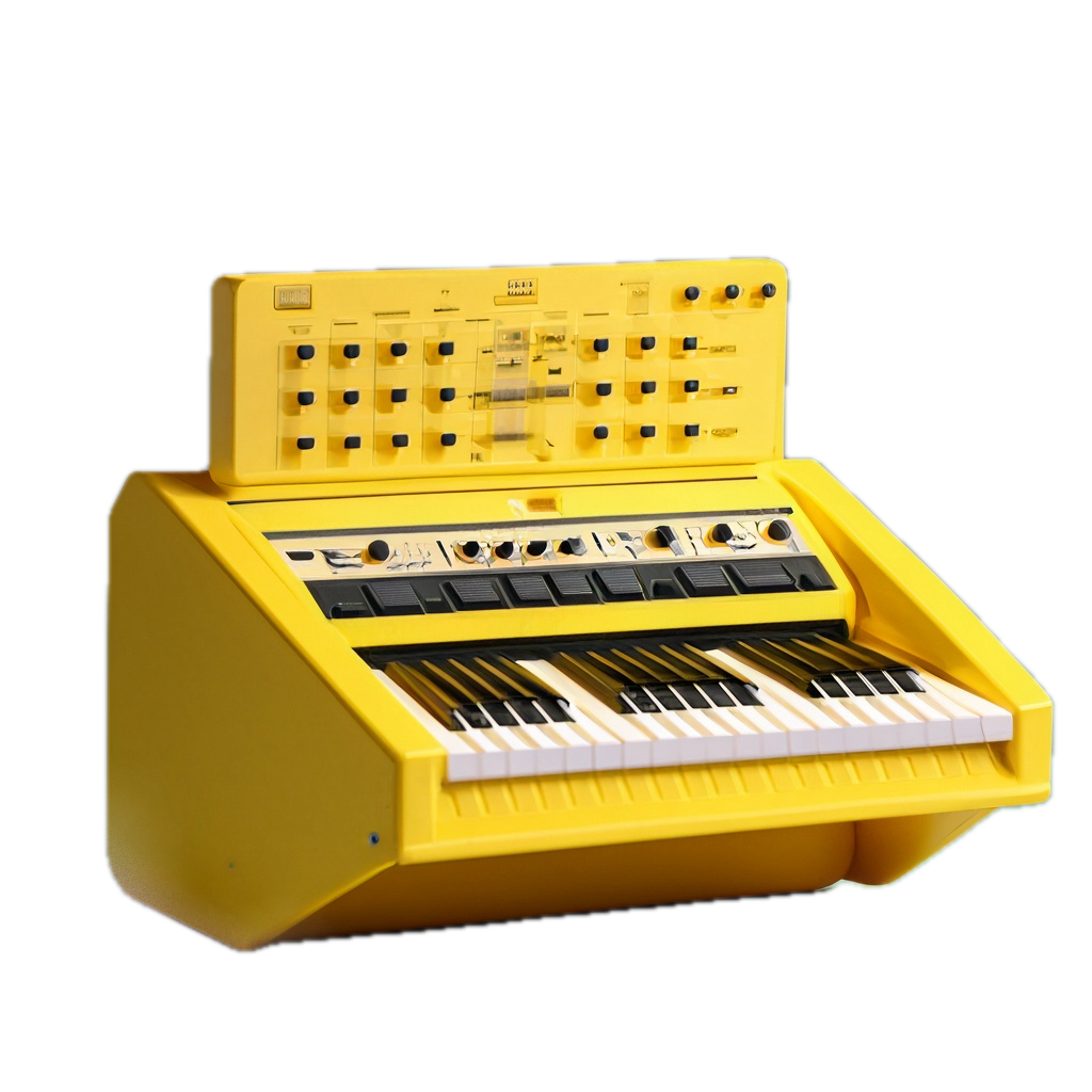 a yellow musical instrument with a keyboard inside of it