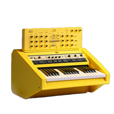 a yellow musical instrument with a keyboard inside of it