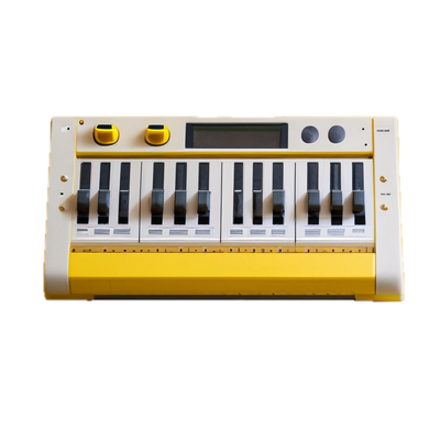 a yellow and white electronic keyboard on a black background